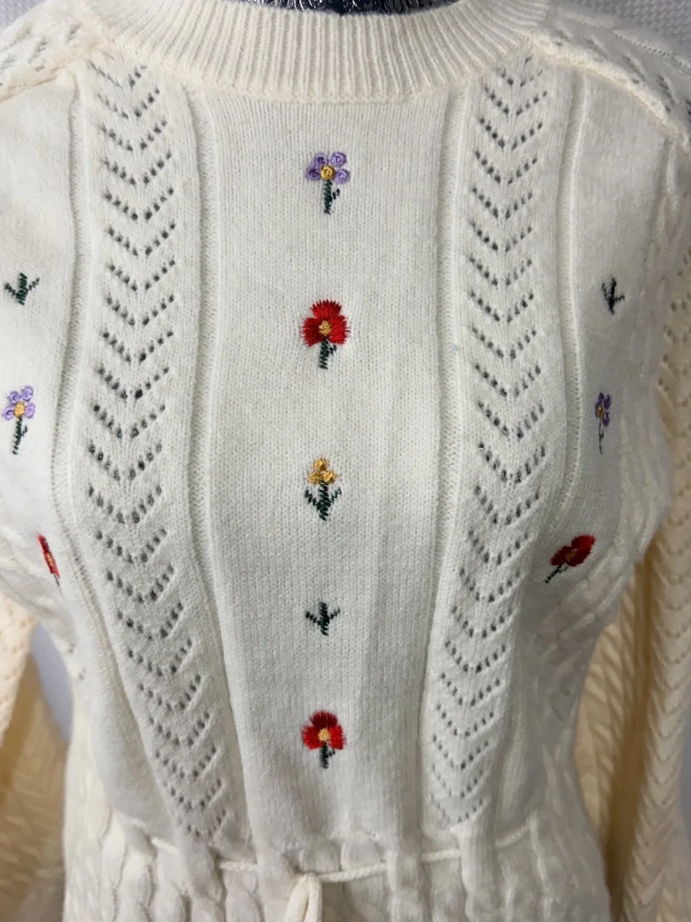 Storia Cream Embroidered Cable-Knit Crew Sweater with Waist Tie